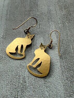 Wild Bryde Handcrafted Brass Cat Dangle Earrings Minimalist Animal Jewelry USA